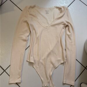 American Eagle Outfitters Cream Lace-Trim Bodysuit
